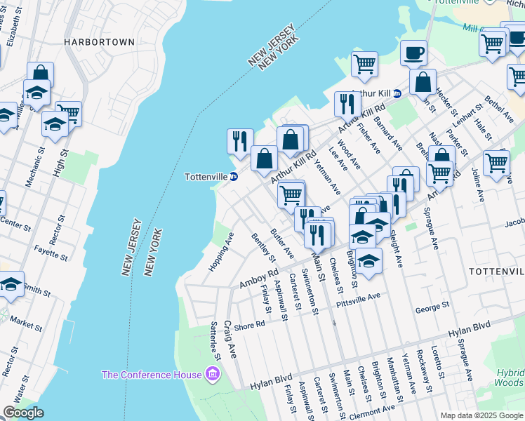 map of restaurants, bars, coffee shops, grocery stores, and more near 160 Butler Avenue in Staten Island