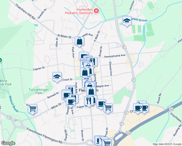 map of restaurants, bars, coffee shops, grocery stores, and more near 71 Main Street in Flemington