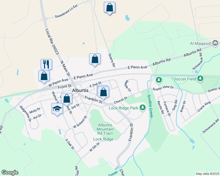 map of restaurants, bars, coffee shops, grocery stores, and more near 163 Roberts Street in Alburtis