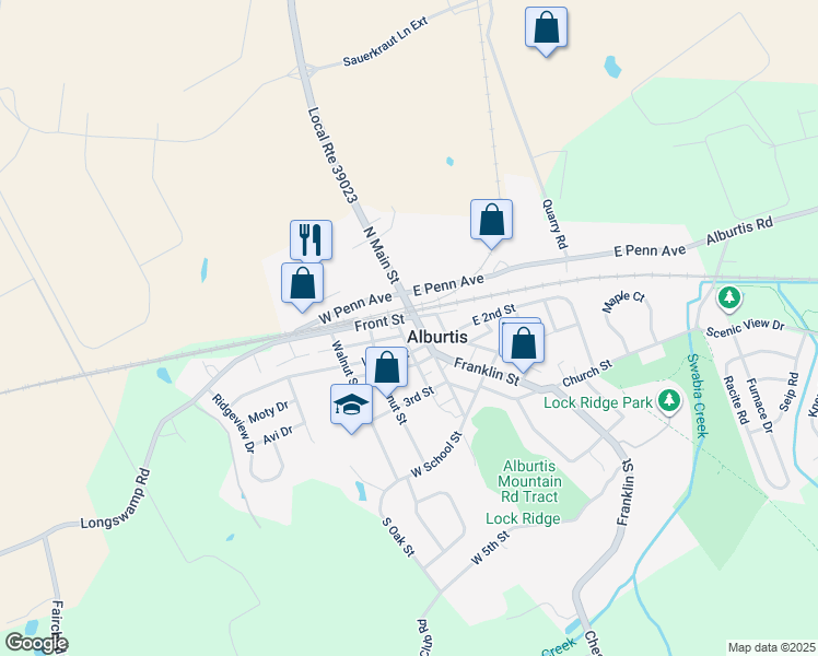 map of restaurants, bars, coffee shops, grocery stores, and more near 29 West 2nd Street in Alburtis