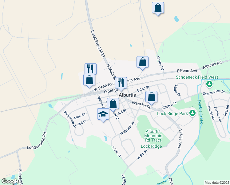 map of restaurants, bars, coffee shops, grocery stores, and more near 29 West 2nd Street in Alburtis