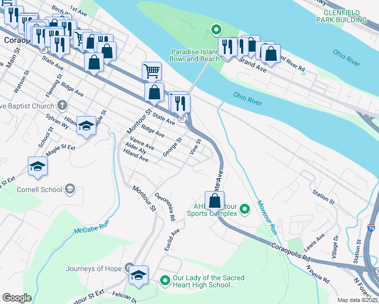 map of restaurants, bars, coffee shops, grocery stores, and more near 721 Vine Street in Coraopolis