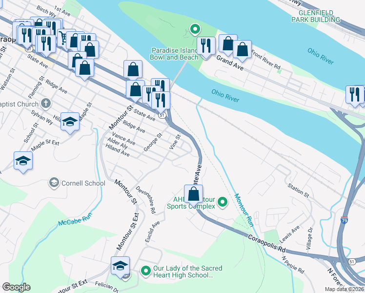 map of restaurants, bars, coffee shops, grocery stores, and more near 1900 Ridge Avenue in Coraopolis