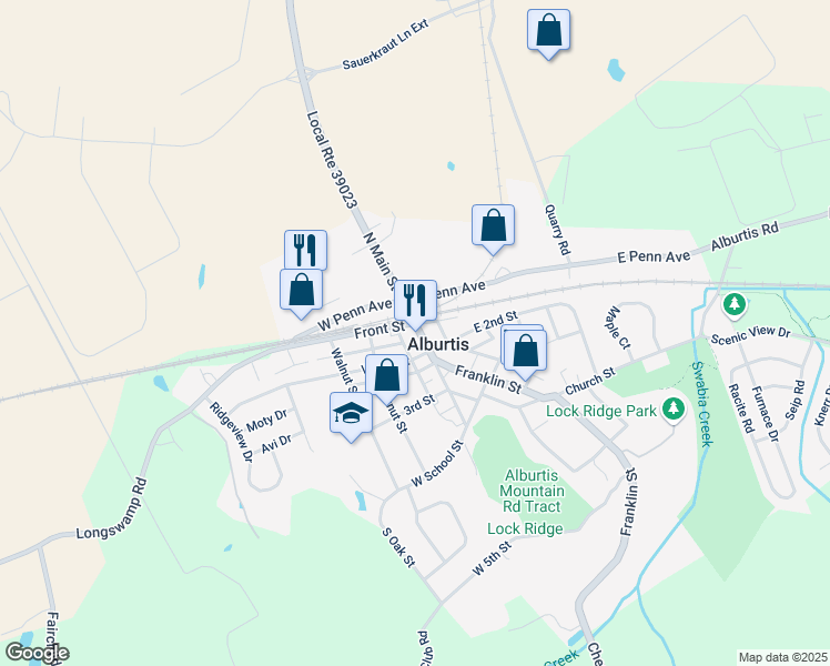 map of restaurants, bars, coffee shops, grocery stores, and more near 108 South Main Street in Alburtis