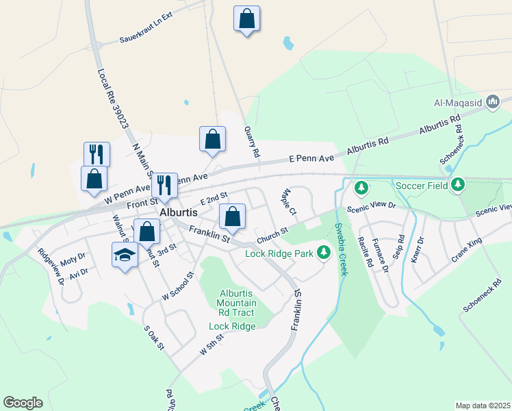 map of restaurants, bars, coffee shops, grocery stores, and more near 201 Park Lane in Alburtis