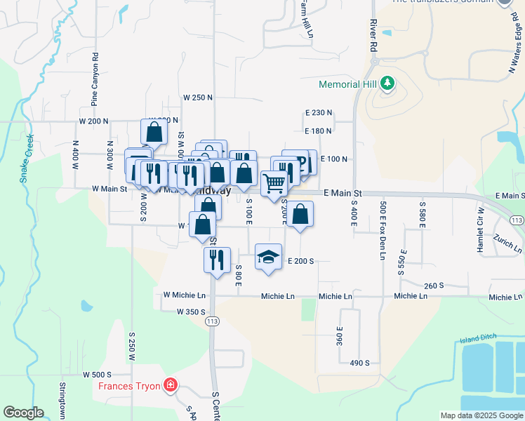 map of restaurants, bars, coffee shops, grocery stores, and more near 110 East Main Street in Midway