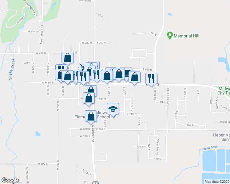 map of restaurants, bars, coffee shops, grocery stores, and more near 110 East Main Street in Midway