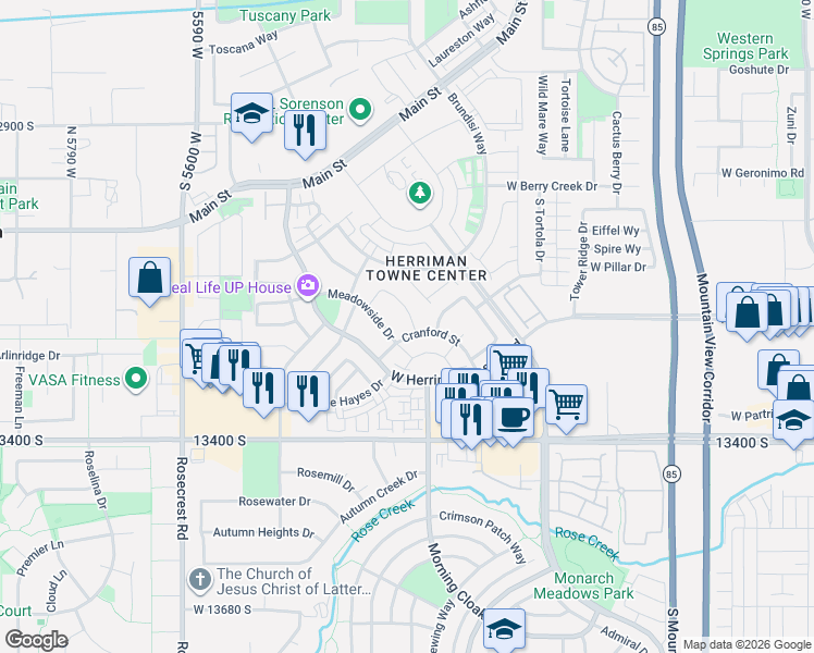 map of restaurants, bars, coffee shops, grocery stores, and more near 13227 Weatherford Lane in Herriman