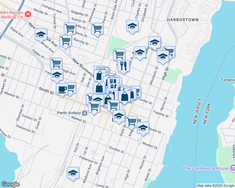 map of restaurants, bars, coffee shops, grocery stores, and more near 375 New Street in Perth Amboy