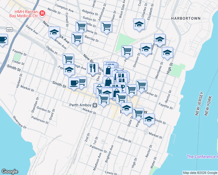 map of restaurants, bars, coffee shops, grocery stores, and more near 219 New Brunswick Avenue in Perth Amboy