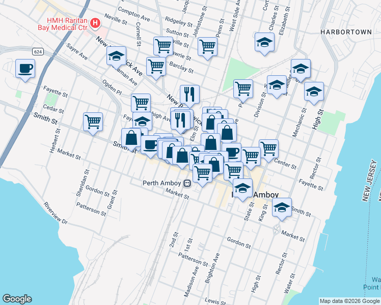 map of restaurants, bars, coffee shops, grocery stores, and more near 344 Oak Street in Perth Amboy