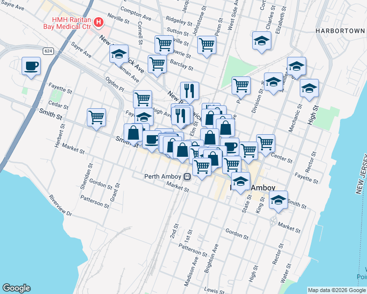 map of restaurants, bars, coffee shops, grocery stores, and more near 344 Oak Street in Perth Amboy