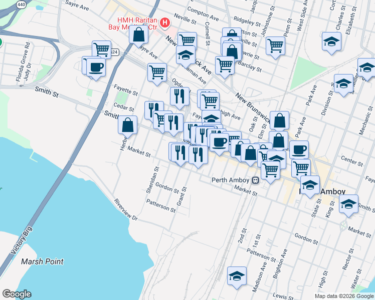 map of restaurants, bars, coffee shops, grocery stores, and more near 400 Smith Street in Perth Amboy