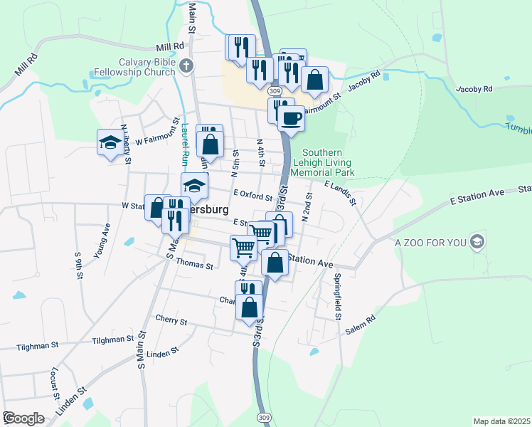 map of restaurants, bars, coffee shops, grocery stores, and more near 333 East Oxford Street in Coopersburg