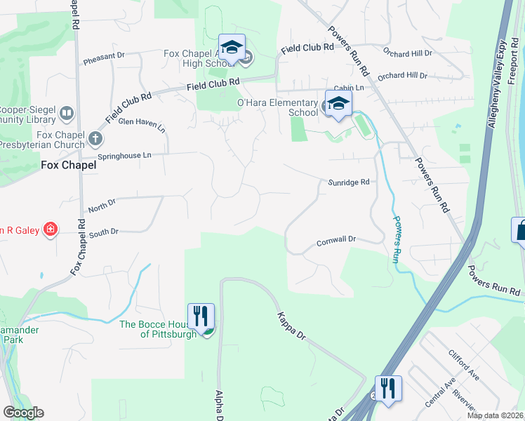 map of restaurants, bars, coffee shops, grocery stores, and more near 100 Bentley Drive in Pittsburgh