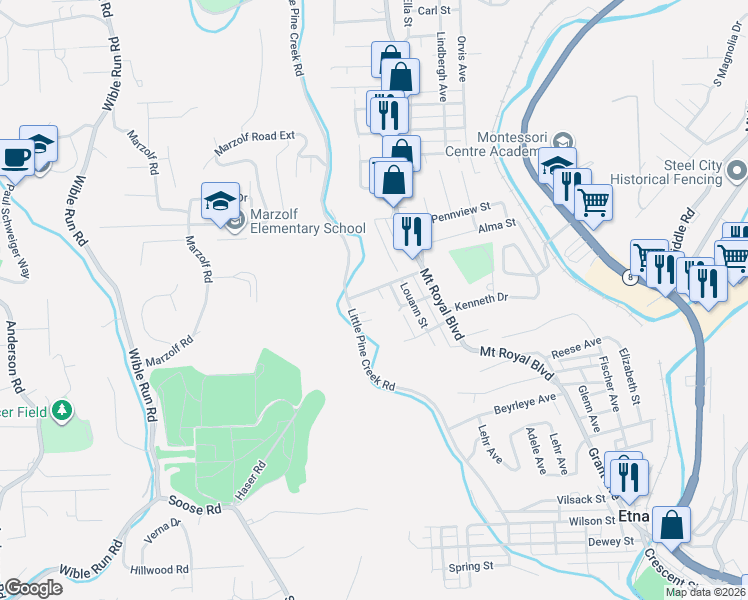 map of restaurants, bars, coffee shops, grocery stores, and more near 105 West Pennview Street in Pittsburgh