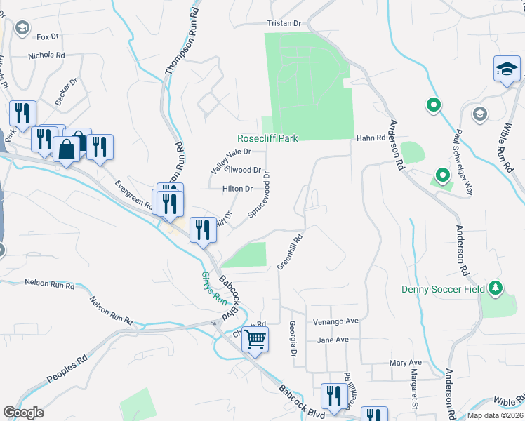map of restaurants, bars, coffee shops, grocery stores, and more near 101 Hilton Drive in Pittsburgh
