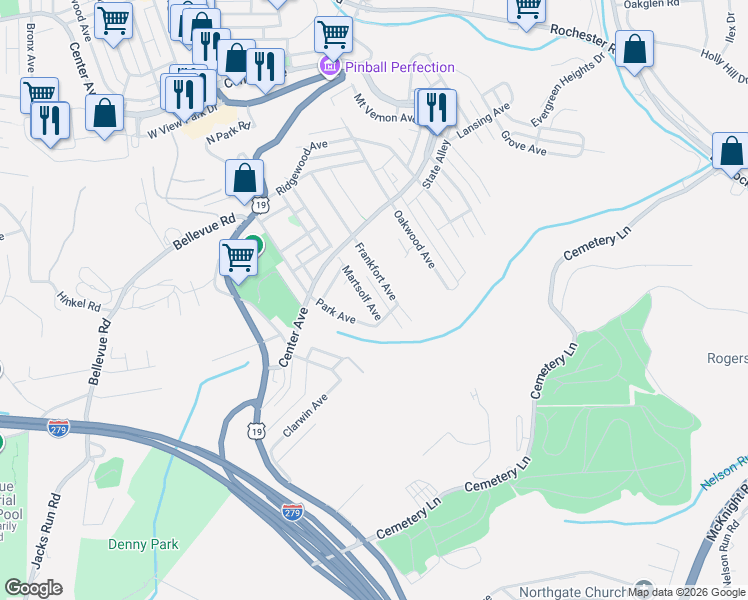 map of restaurants, bars, coffee shops, grocery stores, and more near 95 Frankfort Avenue in Pittsburgh