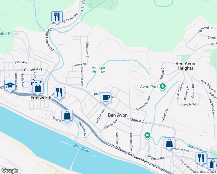 map of restaurants, bars, coffee shops, grocery stores, and more near 7404 Perrysville Avenue in Pittsburgh