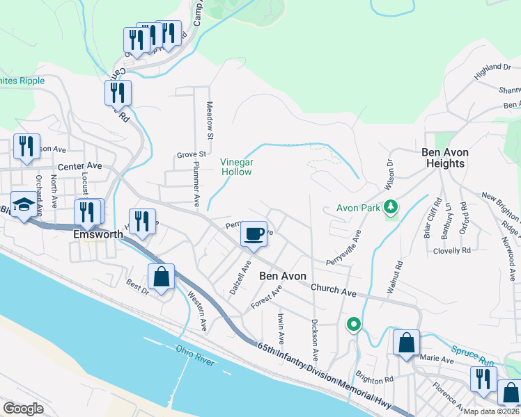 map of restaurants, bars, coffee shops, grocery stores, and more near 7404 Perrysville Avenue in Pittsburgh