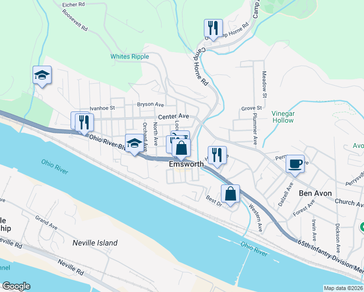 map of restaurants, bars, coffee shops, grocery stores, and more near 168 Neville Street in Pittsburgh