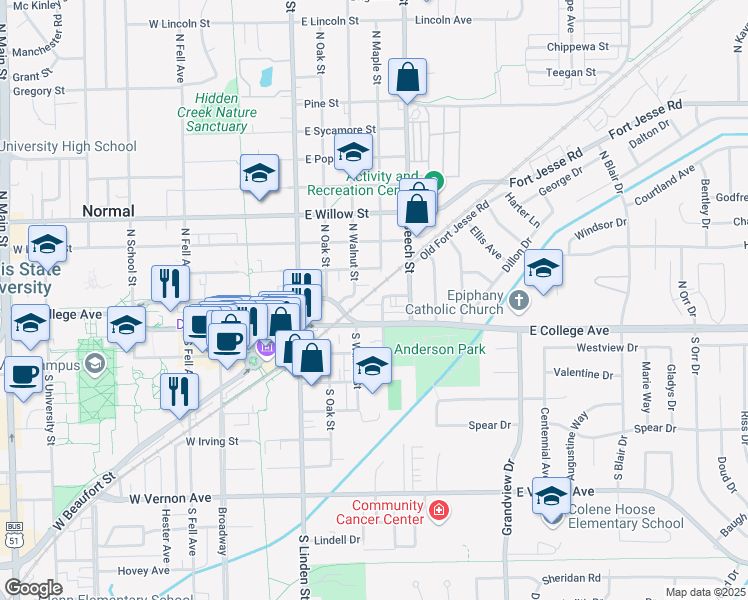 map of restaurants, bars, coffee shops, grocery stores, and more near 206 N Maple St in Normal