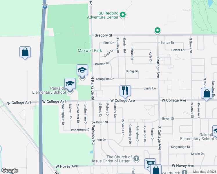 map of restaurants, bars, coffee shops, grocery stores, and more near 1717 Tompkins Drive in Normal