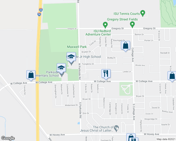 map of restaurants, bars, coffee shops, grocery stores, and more near 1717 Tompkins Drive in Normal