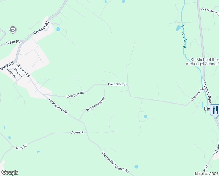 map of restaurants, bars, coffee shops, grocery stores, and more near 5580 Emmaus Road in Emmaus