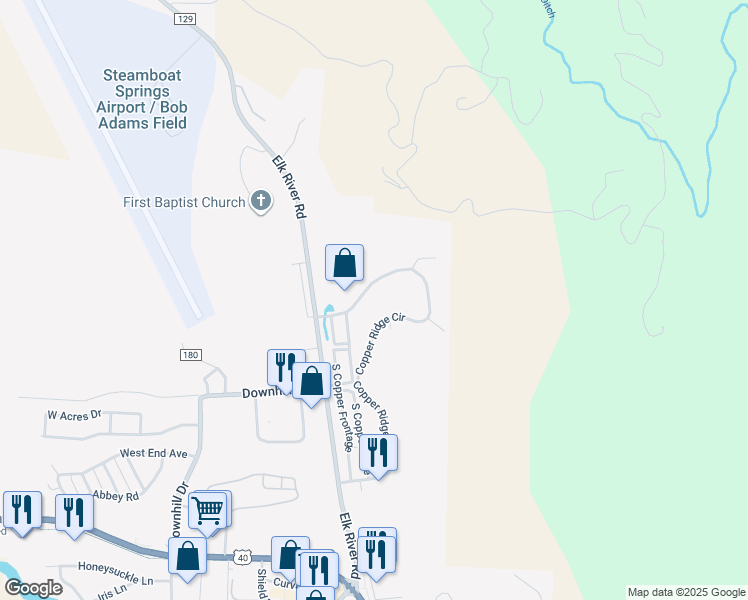 map of restaurants, bars, coffee shops, grocery stores, and more near 2655 Copper Ridge Circle in Steamboat Springs