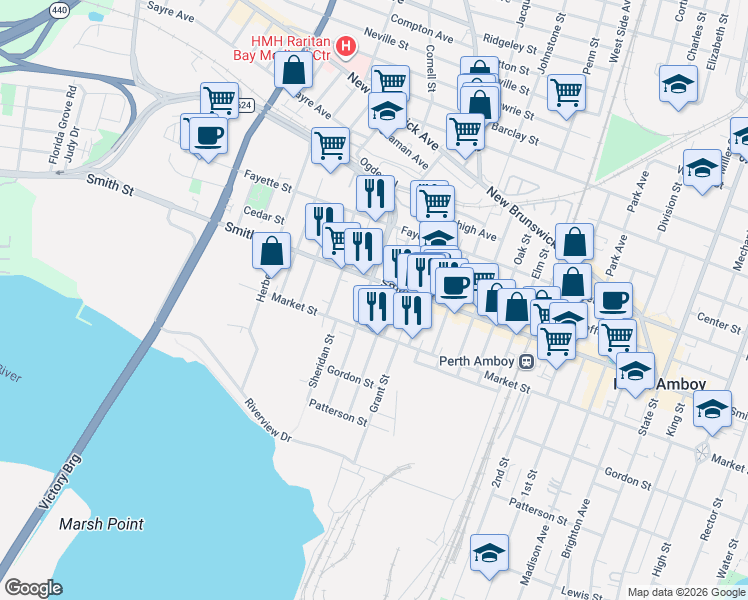 map of restaurants, bars, coffee shops, grocery stores, and more near 400 Smith Street in Perth Amboy