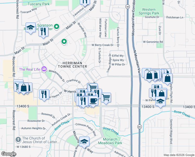 map of restaurants, bars, coffee shops, grocery stores, and more near 5017 Samana Lane in Herriman