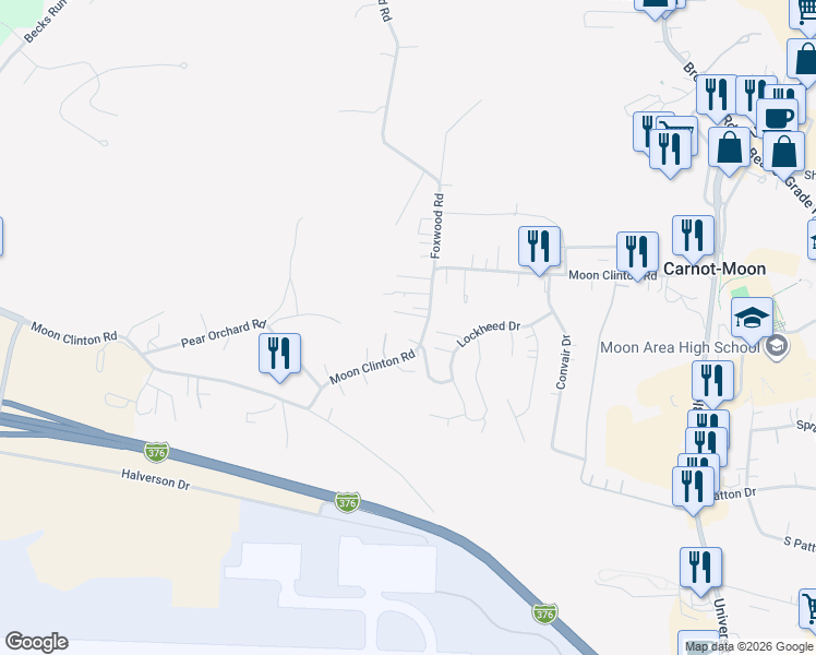 map of restaurants, bars, coffee shops, grocery stores, and more near 336 Moon Clinton Road in Carnot-Moon