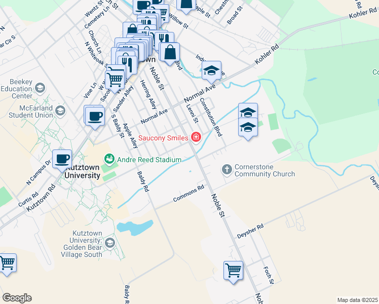 map of restaurants, bars, coffee shops, grocery stores, and more near 440 Noble Street in Kutztown