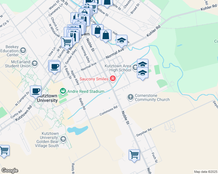 map of restaurants, bars, coffee shops, grocery stores, and more near 1 Noble Street in Kutztown