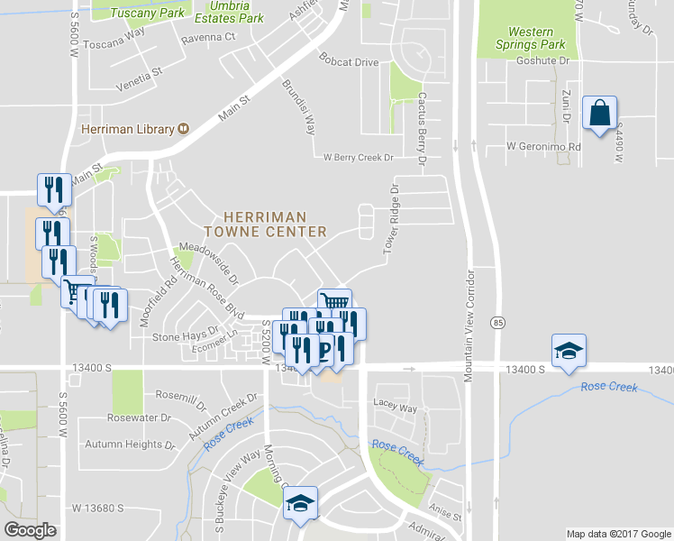 map of restaurants, bars, coffee shops, grocery stores, and more near 13054 South Tortola Drive in Herriman