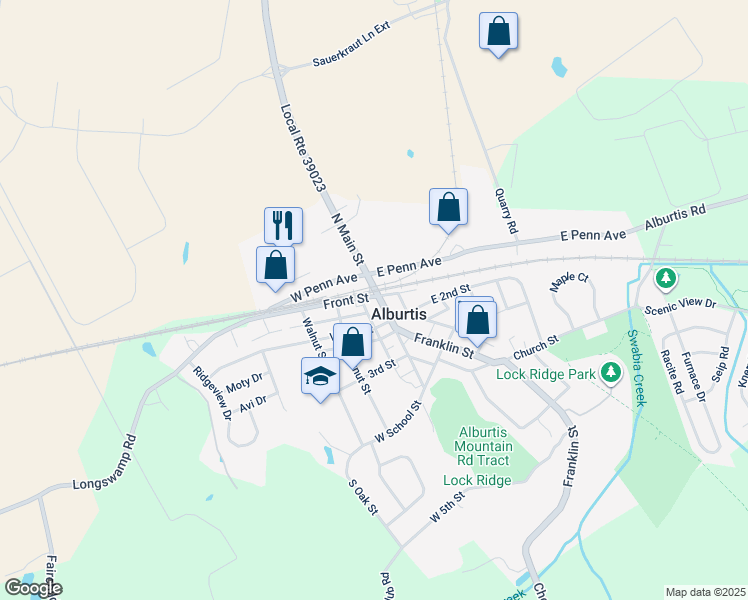 map of restaurants, bars, coffee shops, grocery stores, and more near 106 South Main Street in Alburtis