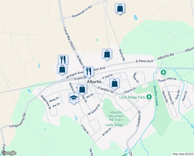 map of restaurants, bars, coffee shops, grocery stores, and more near 29 East 2nd Street in Alburtis
