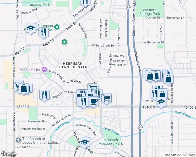 map of restaurants, bars, coffee shops, grocery stores, and more near 13228 Dominica Lane in Herriman