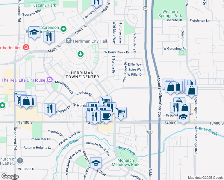 map of restaurants, bars, coffee shops, grocery stores, and more near 5017 Samana Lane in Herriman