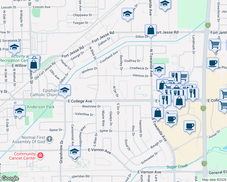 map of restaurants, bars, coffee shops, grocery stores, and more near 111 North Orr Drive in Normal