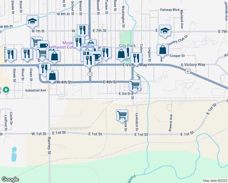map of restaurants, bars, coffee shops, grocery stores, and more near 374 Rose Street in Craig