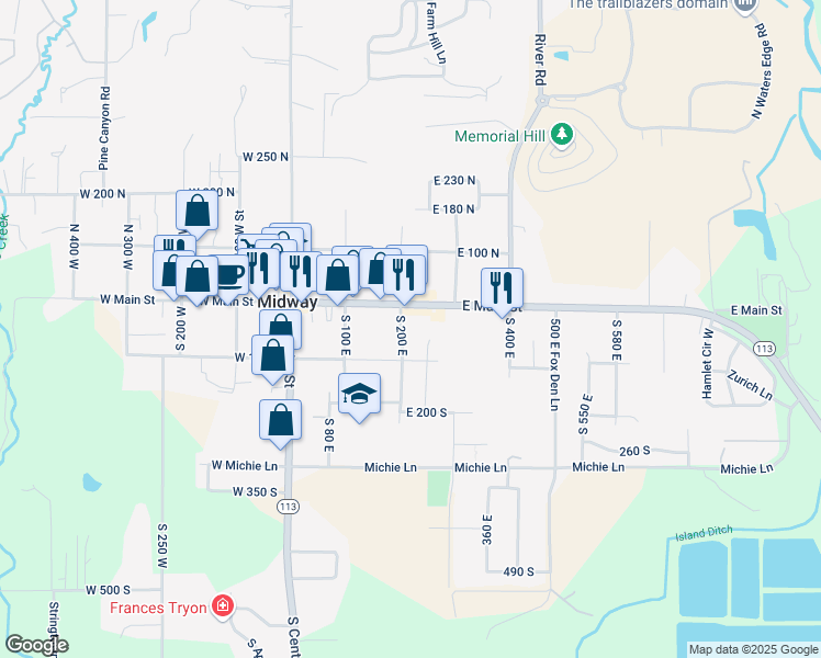 map of restaurants, bars, coffee shops, grocery stores, and more near 190 East Main Street in Midway