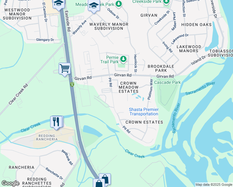 map of restaurants, bars, coffee shops, grocery stores, and more near 7186 Daybreak Court in Redding