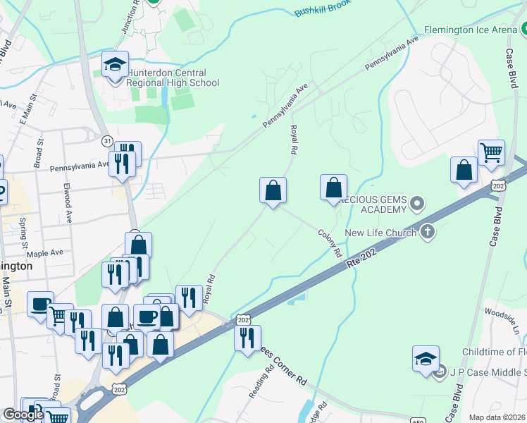 map of restaurants, bars, coffee shops, grocery stores, and more near 34 Royal Road in Flemington