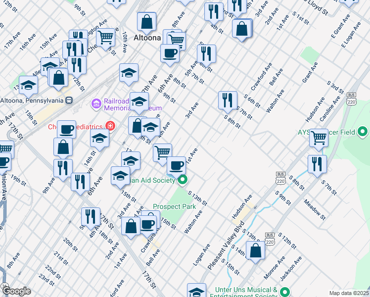 map of restaurants, bars, coffee shops, grocery stores, and more near 1010 2nd Avenue in Altoona
