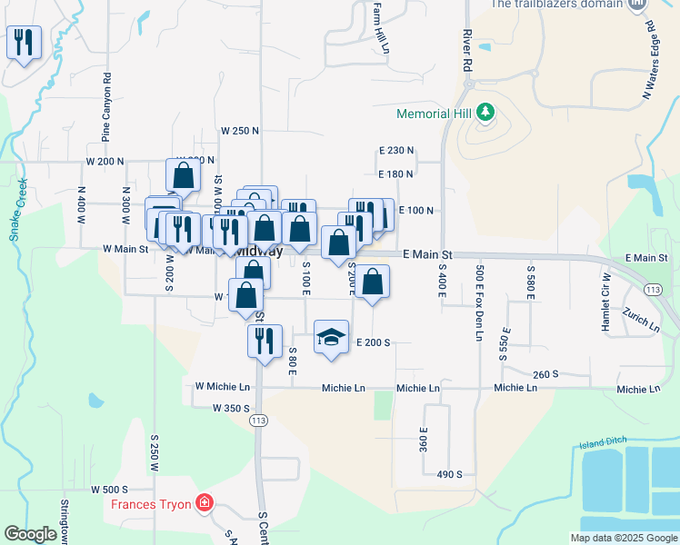 map of restaurants, bars, coffee shops, grocery stores, and more near 190 East Main Street in Midway