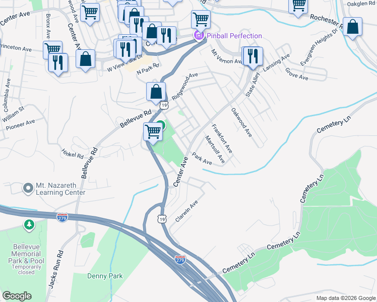 map of restaurants, bars, coffee shops, grocery stores, and more near 199 Park Avenue in West View