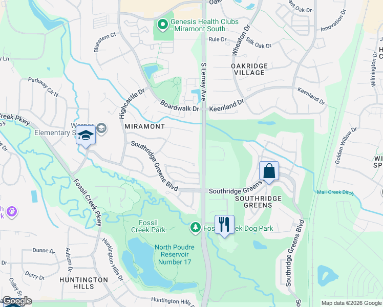 map of restaurants, bars, coffee shops, grocery stores, and more near 1024 Milan Terrace Drive in Fort Collins
