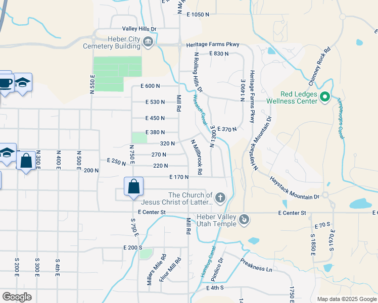 map of restaurants, bars, coffee shops, grocery stores, and more near 280 Mill Road in Heber City